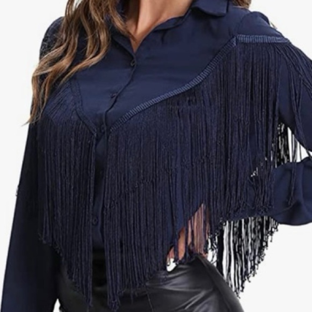 Verdusa,Coastal Cowgirl,Navy Fringe Weatern Wear Button-Up Blouse, EUC, Size Med - Picture 8 of 12
